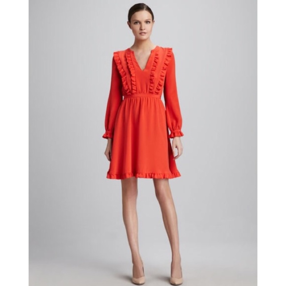 Kate Spade Red Ruffle Long Sleeve Silk Dress